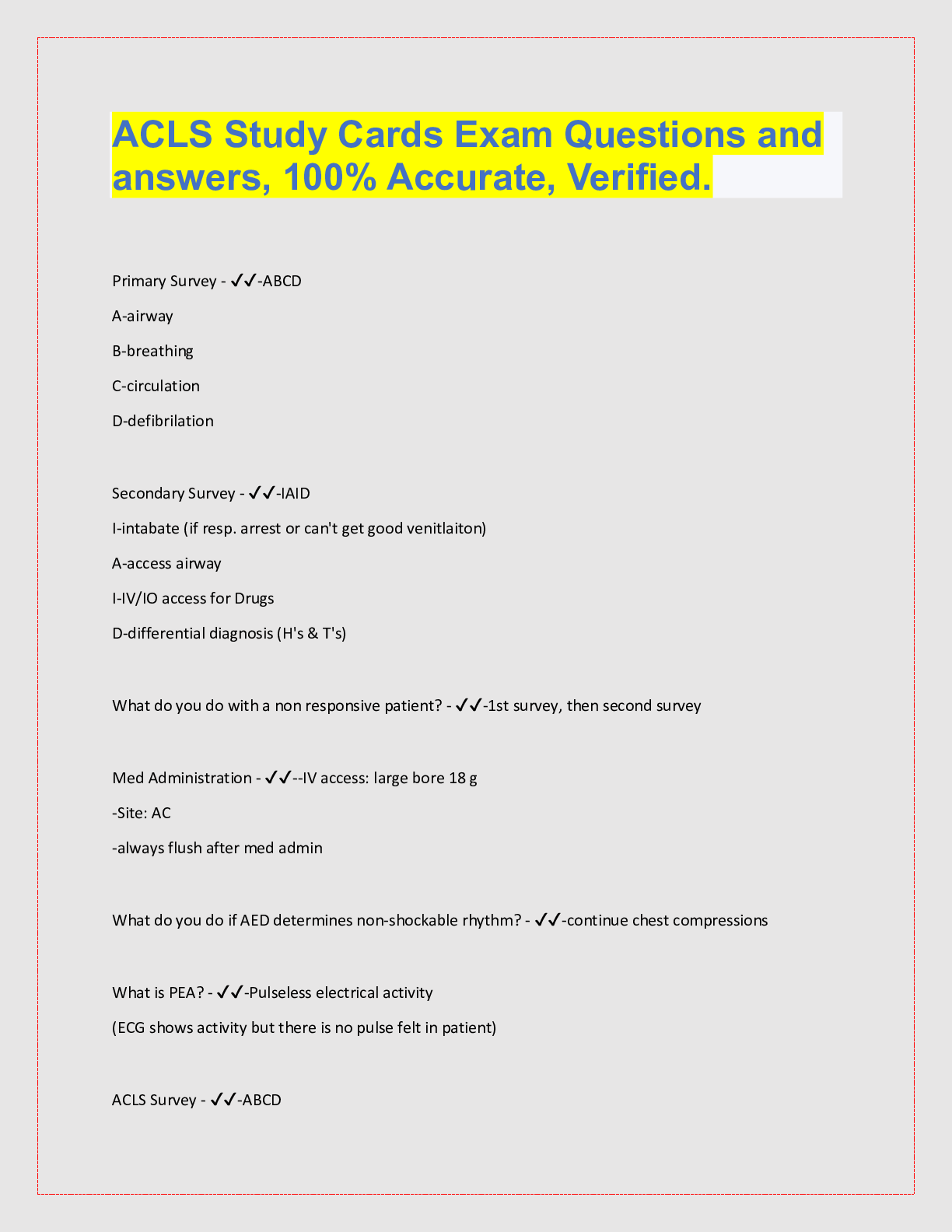 Preview image for ACLS Study Cards Exam Questions and  answers, 100% Accurate, Verified.